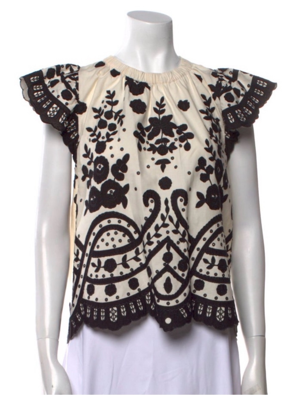 Sea New York Laila Cream and Black Embroidered Flutter Sleeve Top